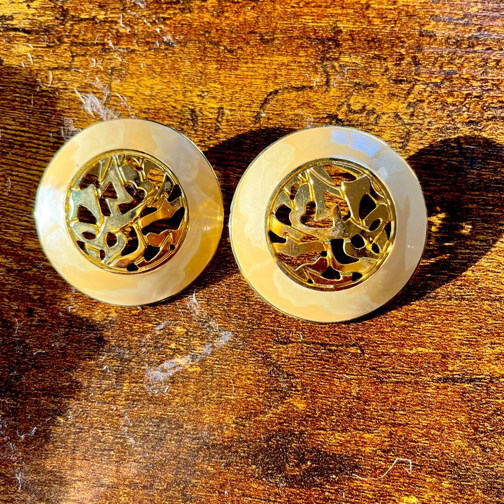 Brass 1980s Vintage Earrings with Marble Glaze